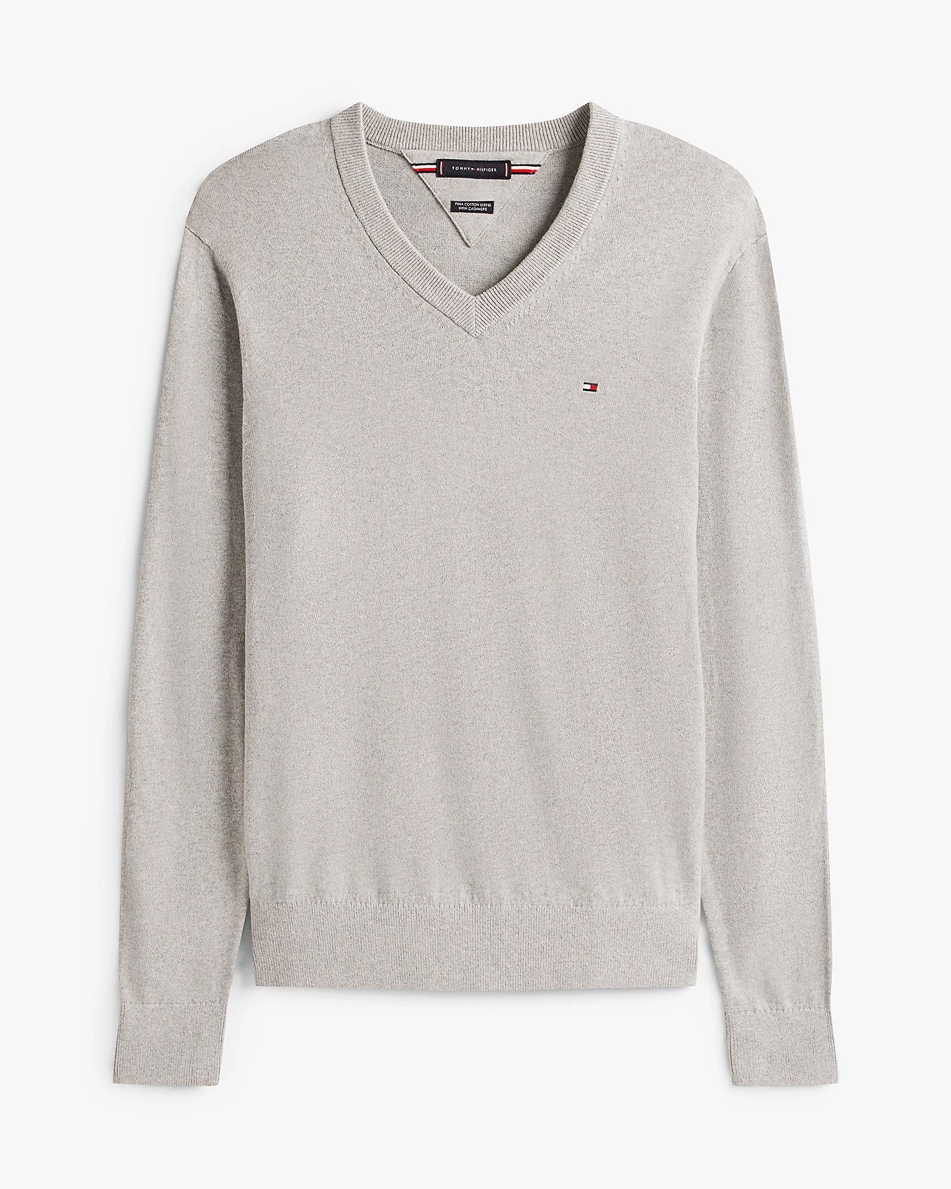 Tommy Hilfiger Pima Organic Cotton Mens Cashmere V-Neck Jumper - Light Grey Heather - Image 5