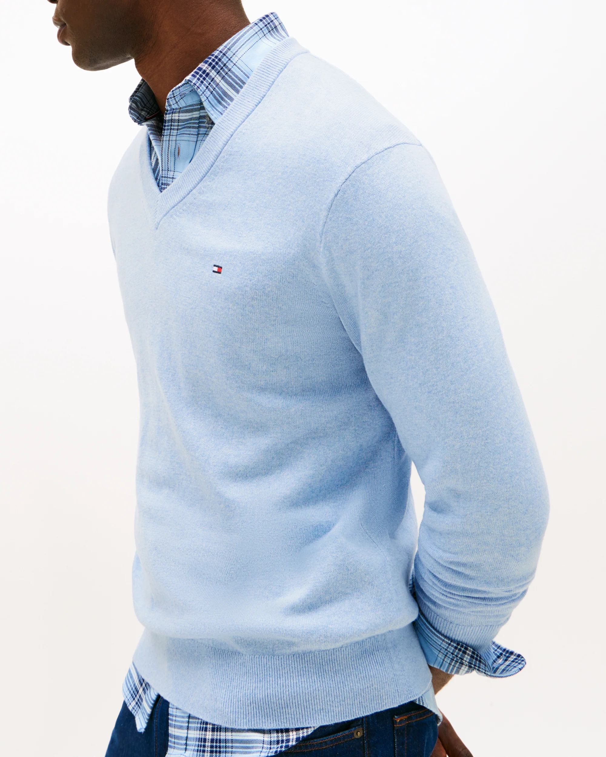 Tommy Hilfiger Pima Organic Cotton Mens Cashmere V-Neck Jumper - Vessel Blue Heather - Image 2