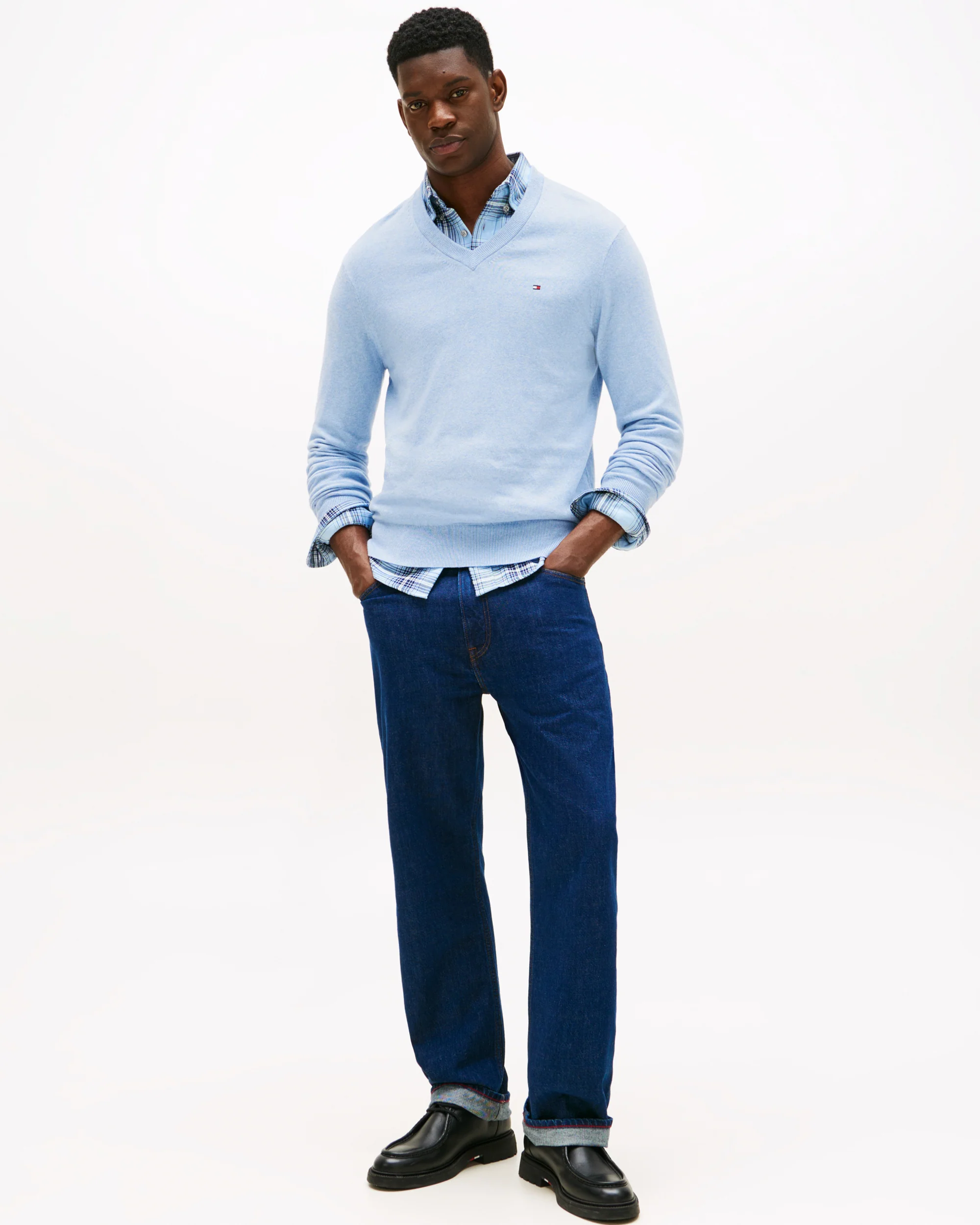 Tommy Hilfiger Pima Organic Cotton Mens Cashmere V-Neck Jumper - Vessel Blue Heather - Image 3