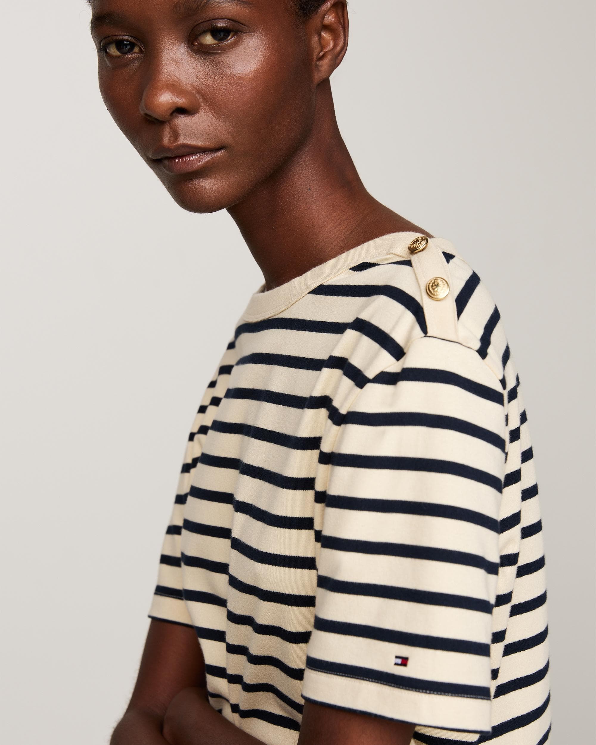 Tommy Hilfiger Regular Stripe Gold Button Womens T-Shirt - Image 2