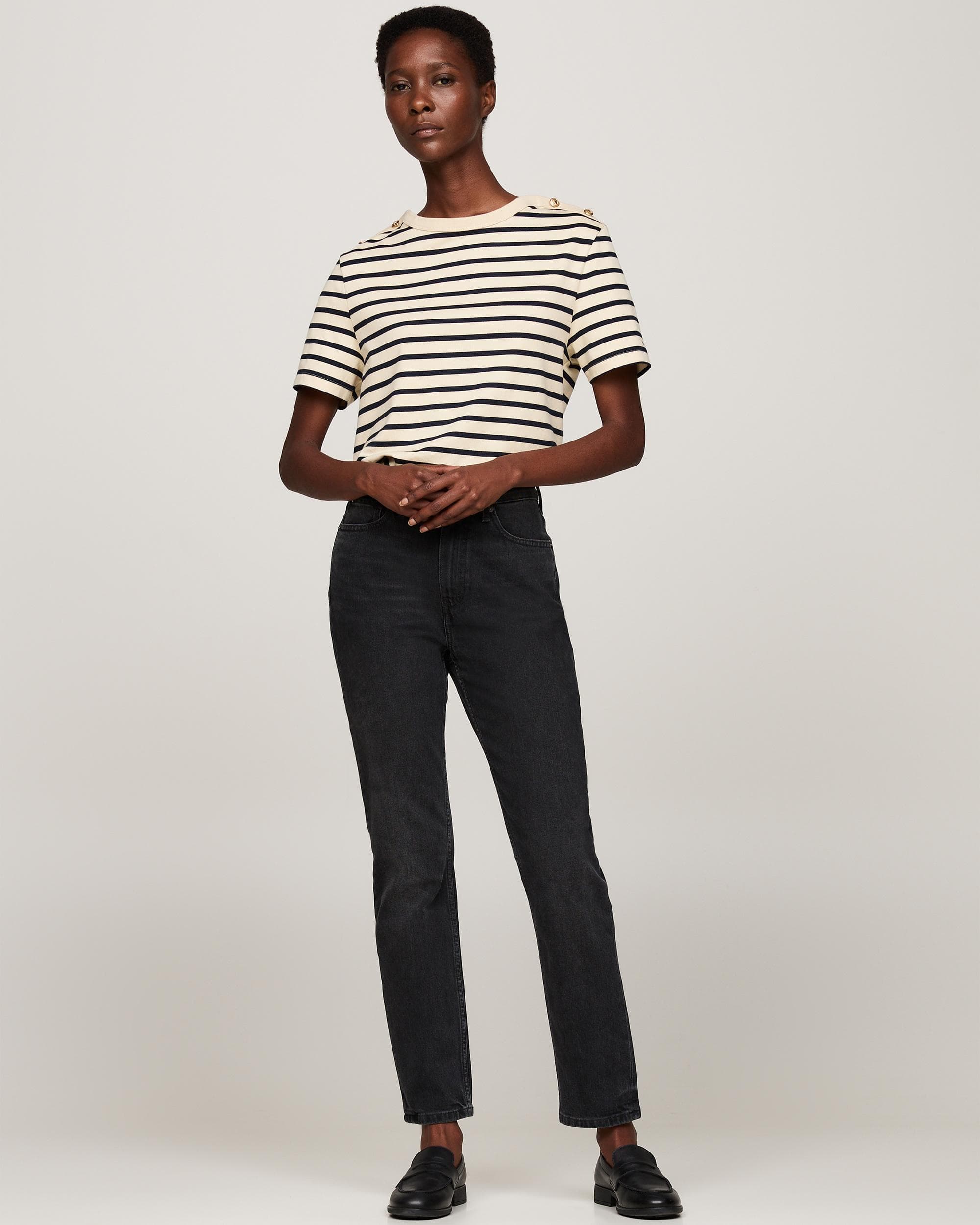 Tommy Hilfiger Regular Stripe Gold Button Womens T-Shirt - Image 3
