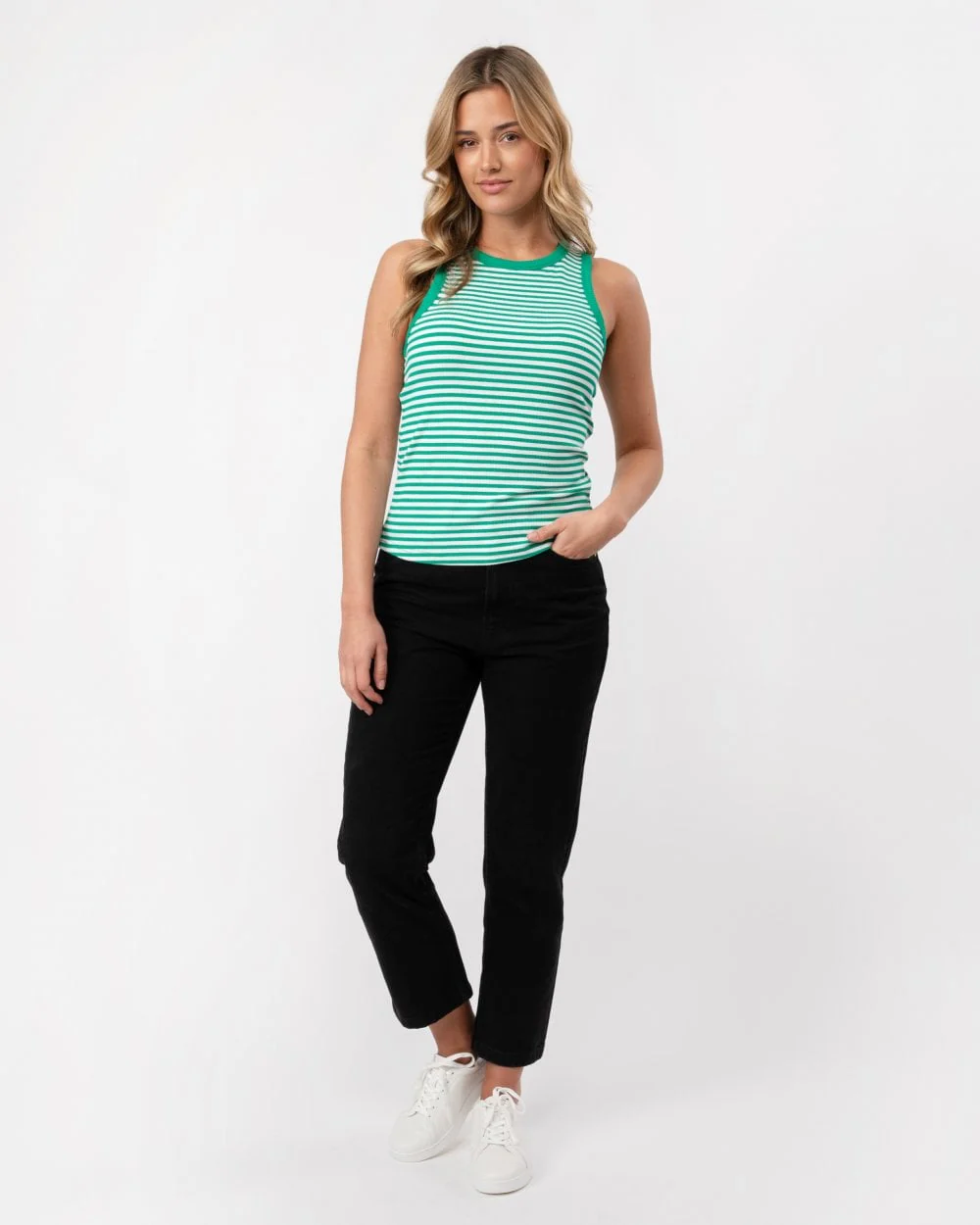 Tommy Hilfiger Stripe Rib Womens Slim Tank Top - Mini Stripe Olympic Green/White - Image 2